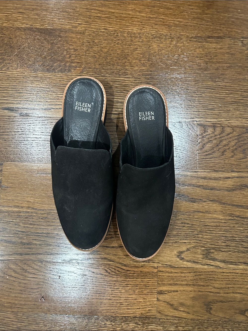 Eileen Fisher Loti Black Suede Wedge slip on mules  9.5